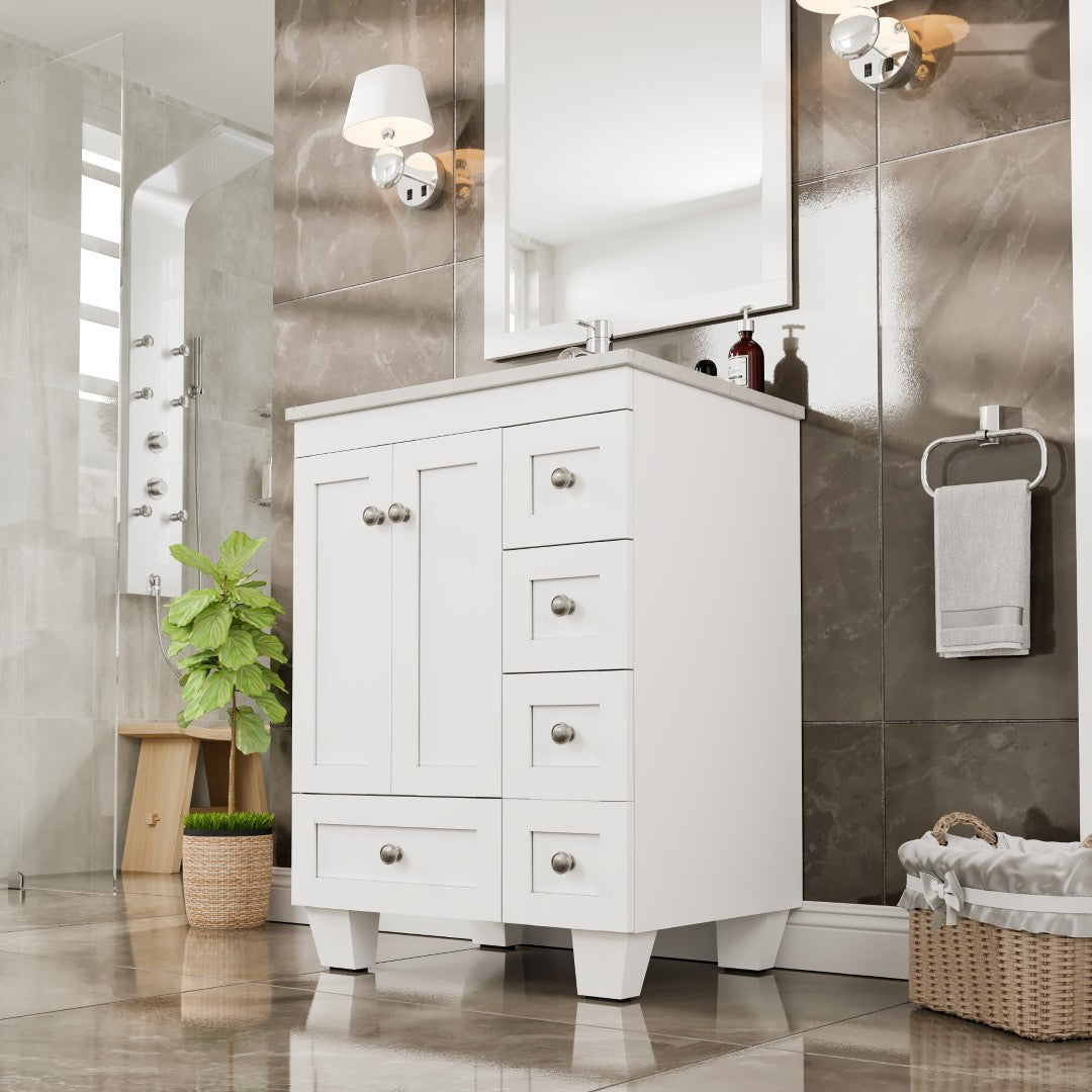 Happy 24 in. White Single Sink Bath Vanity with Carrara Quartz Top and Undermount Porcelain Sink