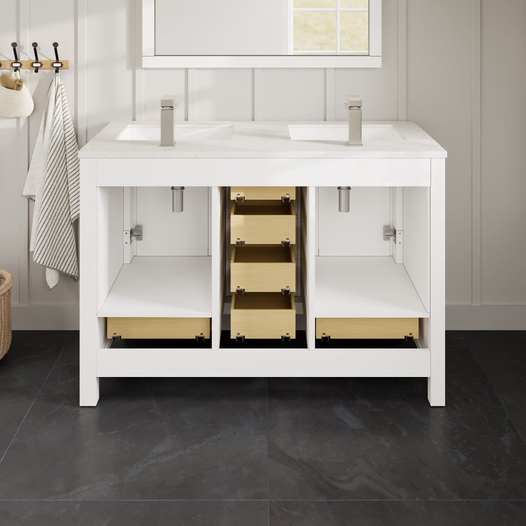 London 54 in. White Double Sink  Bath Vanity with Carrara Quartz Top and Undermount Porcelain Sinks