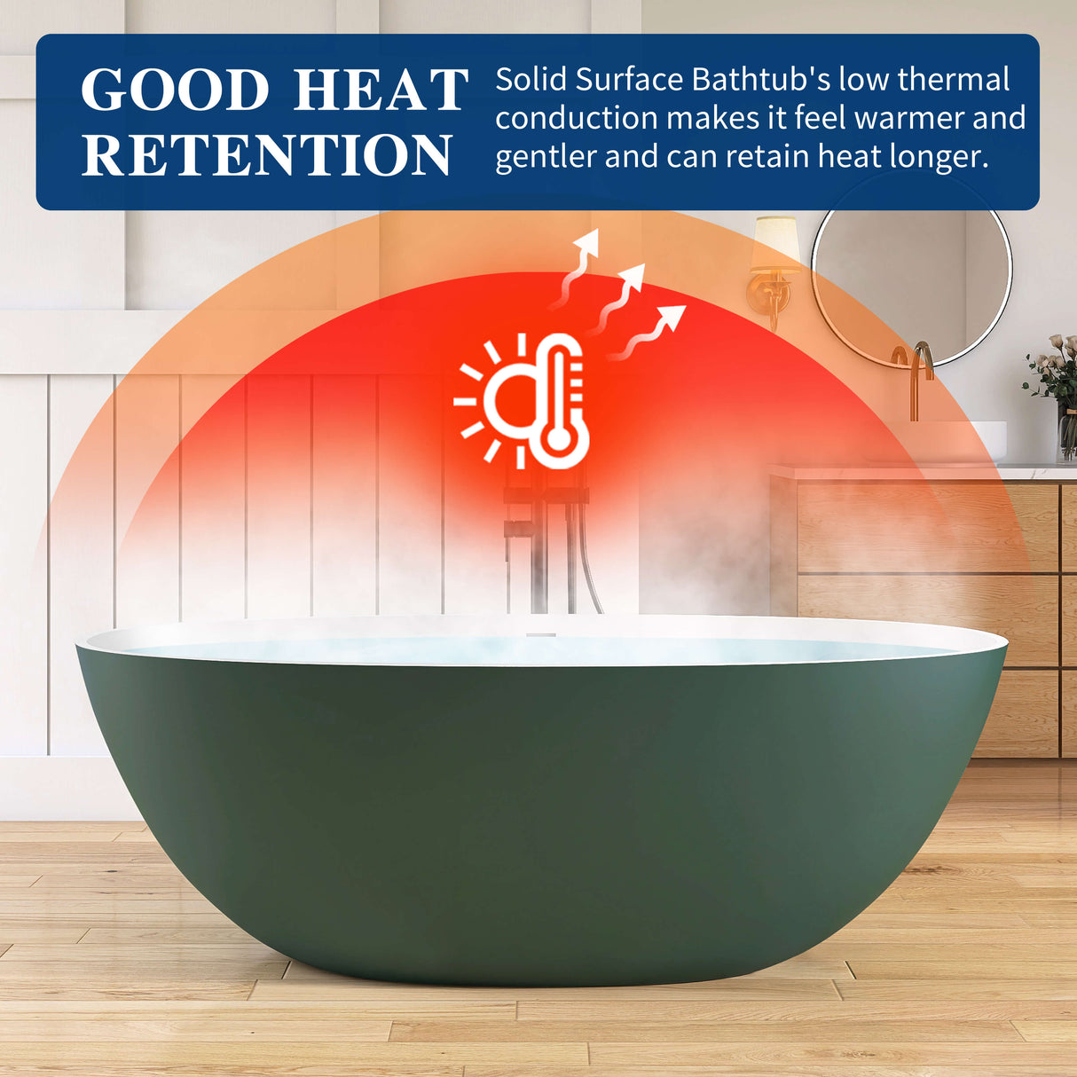 New England Home Goods Matterhorn 65" Freestanding Tub in Green - Stone Resin Solid Surface