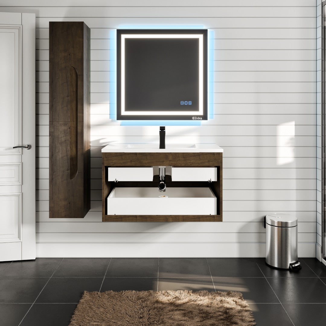 Joy 36 in. Rosewood Wall Mount Single Sink Bath Vanity with Porcelain Top and Integrated Sink