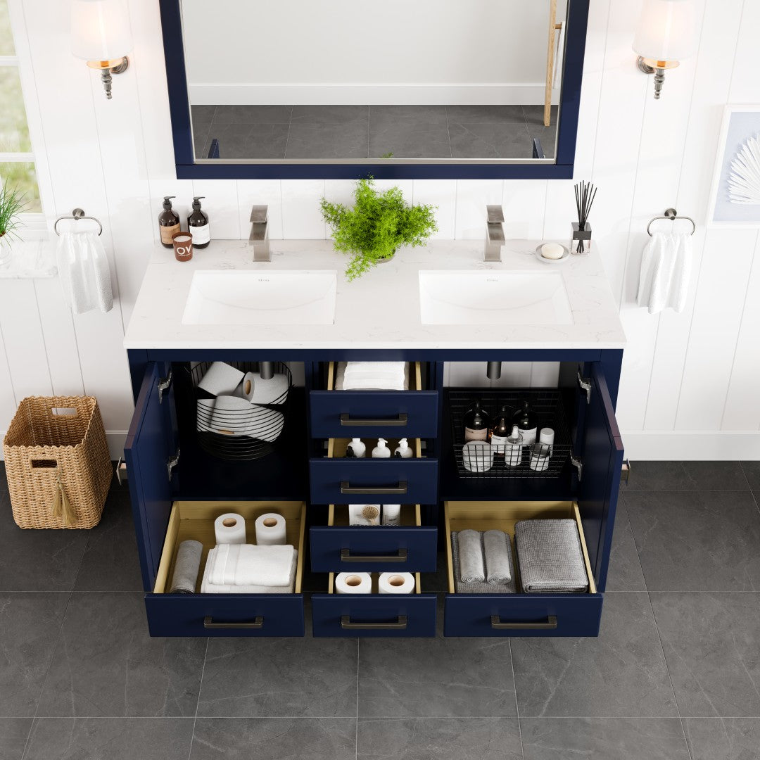 London 54 in. Blue Double Sink  Bath Vanity with Carrara Quartz Top and Undermount Porcelain Sinks