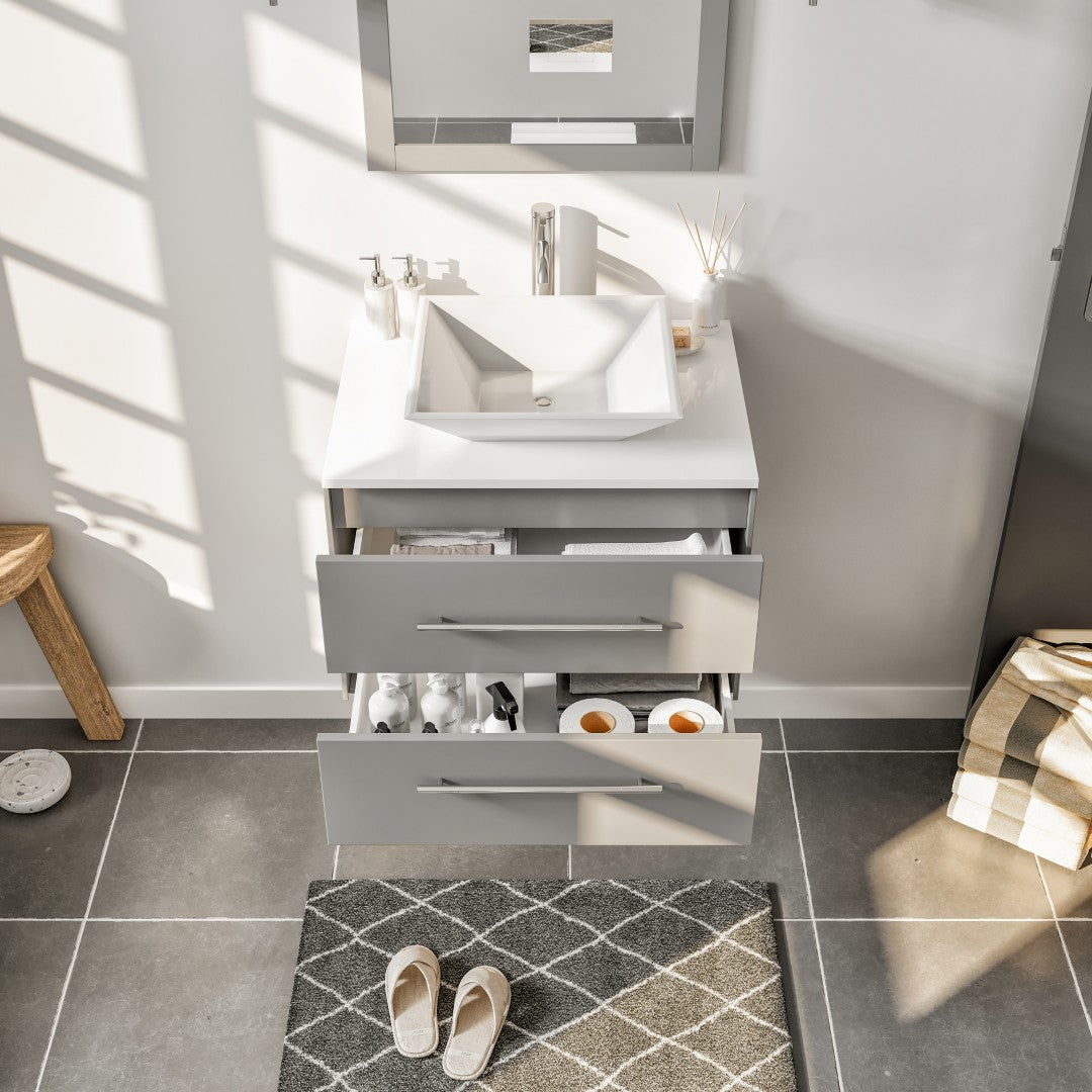 Wave 24 in. Gray Wall Mount Single Sink Bath Vanity with White Quartz Top and Vessel Porcelain Sink