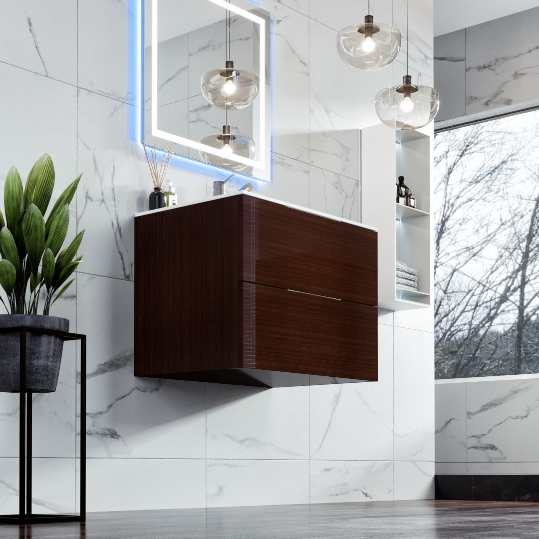 Galsaky 28 in. Wenge Wall Mount Single Sink Bath Vanity with Porcelain Top and Integrated Sink