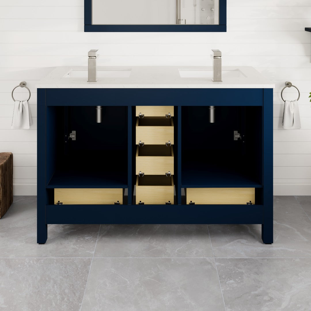 London 48 in. Blue Double Sink  Bath Vanity with Carrara Quartz Top and Undermount Porcelain Sinks