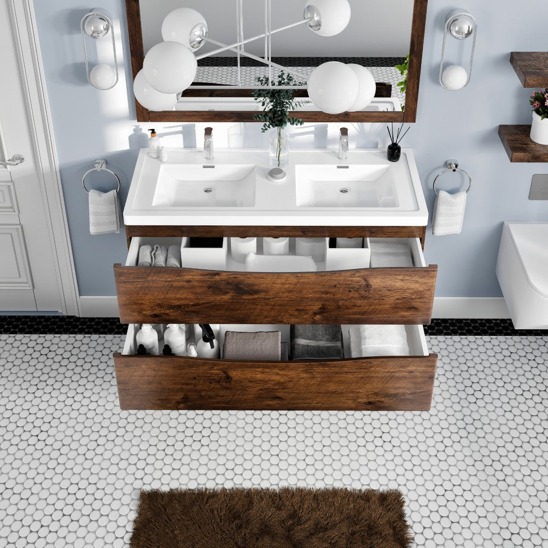 Smile 48 in. Rosewood Wall Mount Double Sink  Bath Vanity with Acrylic Top and Integrated Sinks