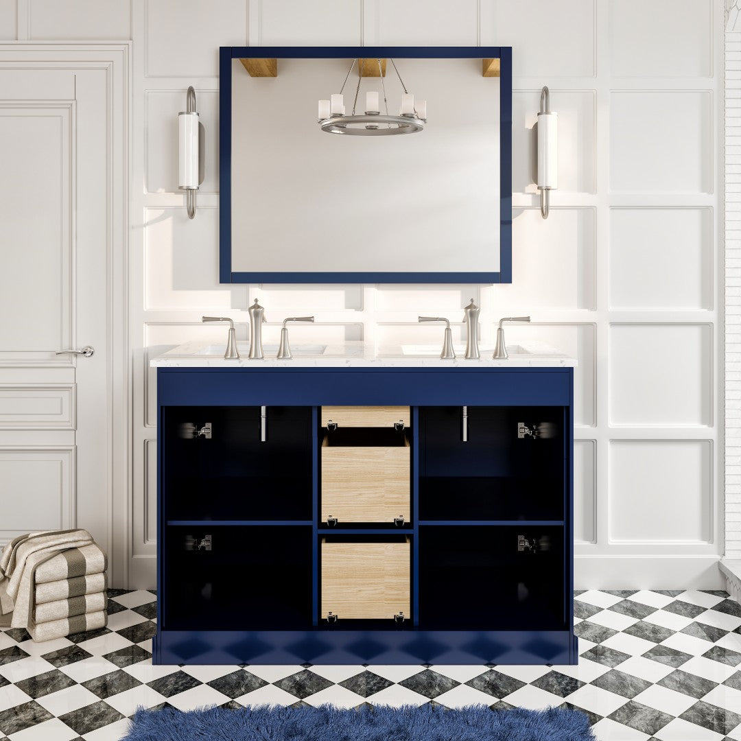 Epic 48 in. Blue Double Sink  Bath Vanity with Carrara Quartz Top and Undermount Porcelain Sinks