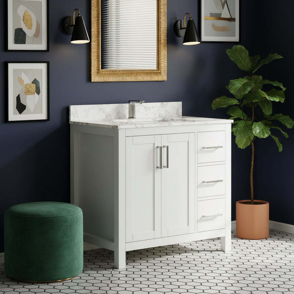 New England Home Goods Cannon 36" Single Sink Vanity in White - Engineered Wood; Stone Top