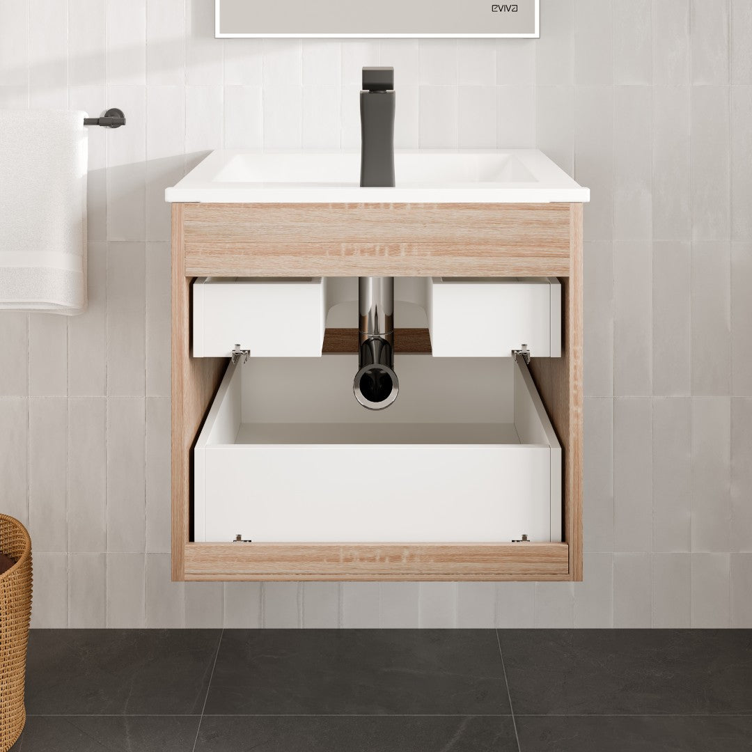 Joy 24 in. Maple Wall Mount Single Sink Bath Vanity with Porcelain Top and Integrated Sink