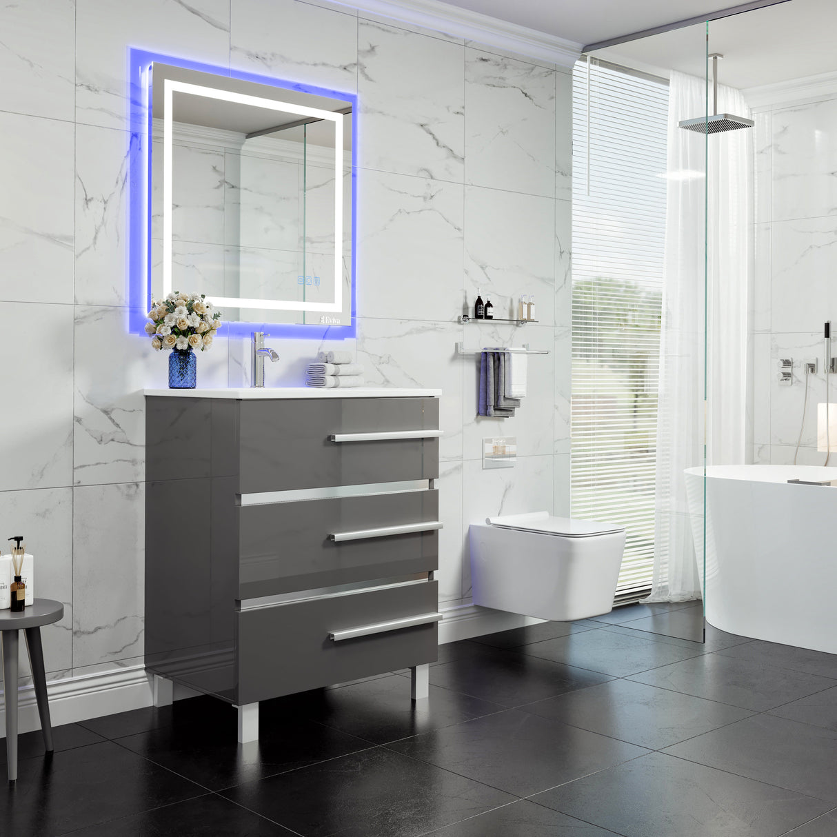 Deluxe 32 in. Gray Single Sink Bath Vanity with Porcelain Top and Integrated Sink