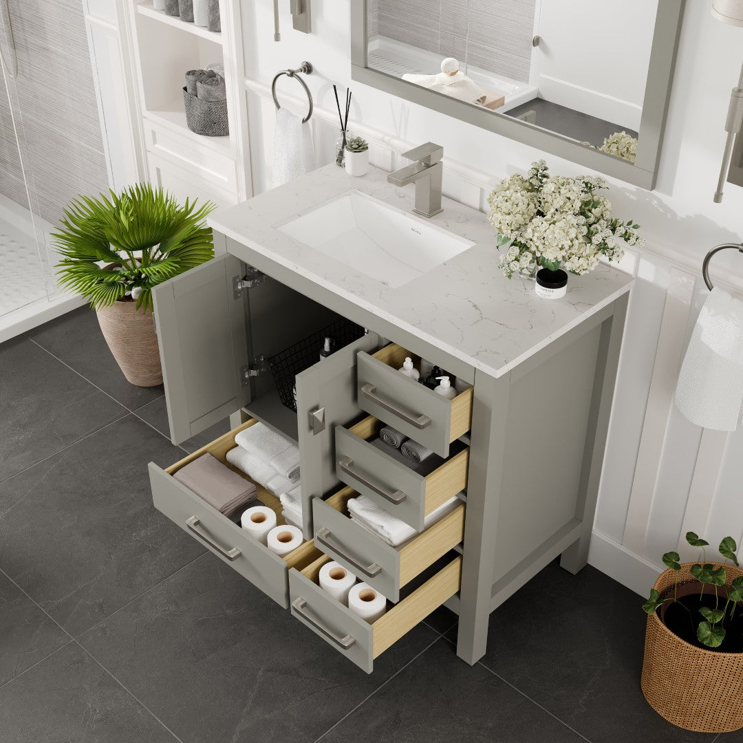 London 36 in. Gray Single Sink Bath Vanity with Carrara Quartz Top and Undermount Porcelain Sink