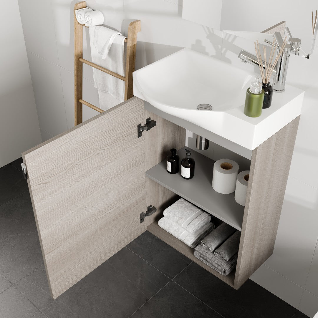 Tiny 18 in. Gray Wall Mount Single Sink Bath Vanity with Porcelain Top and Integrated Sink