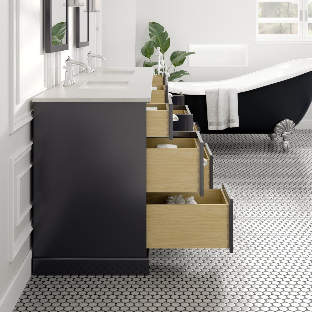 Epic 84 in. Charcoal Gray Double Sink  Bath Vanity with Carrara Quartz Top and Undermount Porcelain Sinks