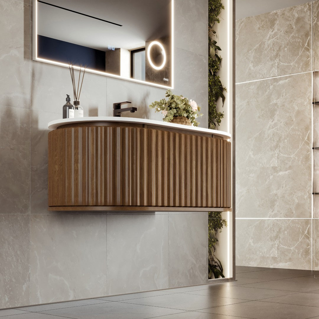 Haven 39 in. Medium Oak Wall Mount Single Sink Bath Vanity with Solid Surface Top and Integrated Sink