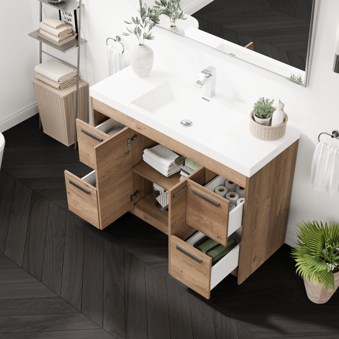 Lugano 48 in. Natural Oak Single Sink Bath Vanity with Acrylic Top and Integrated Sink