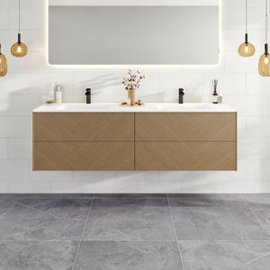Lotus 59 in. Natural Oak Wall Mount Double Sink  Bath Vanity with Solid Surface Top and Integrated Sinks