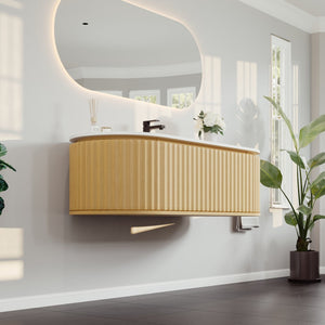Haven 55 in. Natural Oak Wall Mount Single Sink Bath Vanity with Solid Surface Top and Integrated Sink