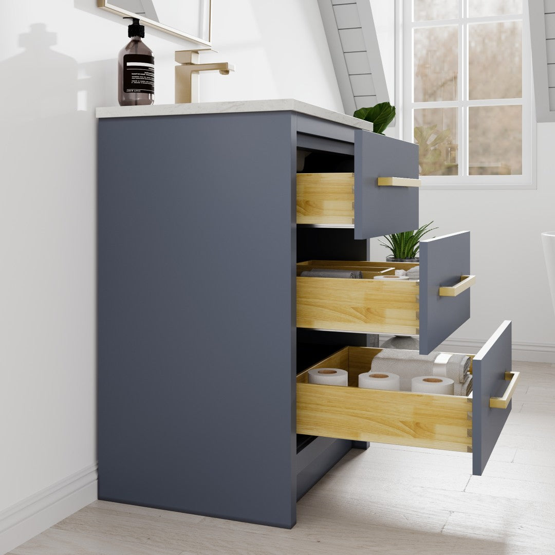 Curio 24 in. Dark Blue Single Sink Bath Vanity with Carrara Quartz Top and Undermount Porcelain Sink
