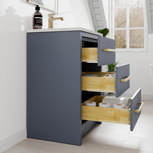 Curio 24 in. Dark Blue Single Sink Bath Vanity with Carrara Quartz Top and Undermount Porcelain Sink