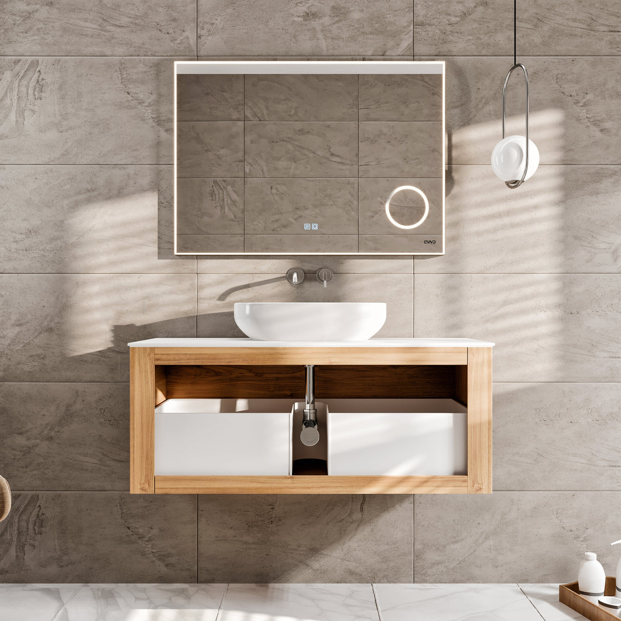 Leah 32 in. Medium Oak Wall Mount Single Sink Bath Vanity with Solid Surface Top and Vessel Solid Surface Sink