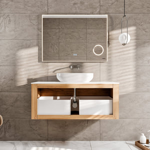 Leah 32 in. Medium Oak Wall Mount Single Sink Bath Vanity with Solid Surface Top and Vessel Solid Surface Sink