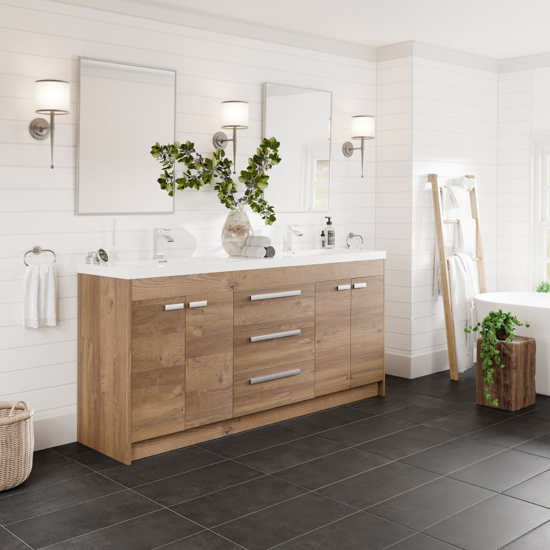 Lugano 72 in. Natural Oak Double Sink  Bath Vanity with Acrylic Top and Integrated Sinks