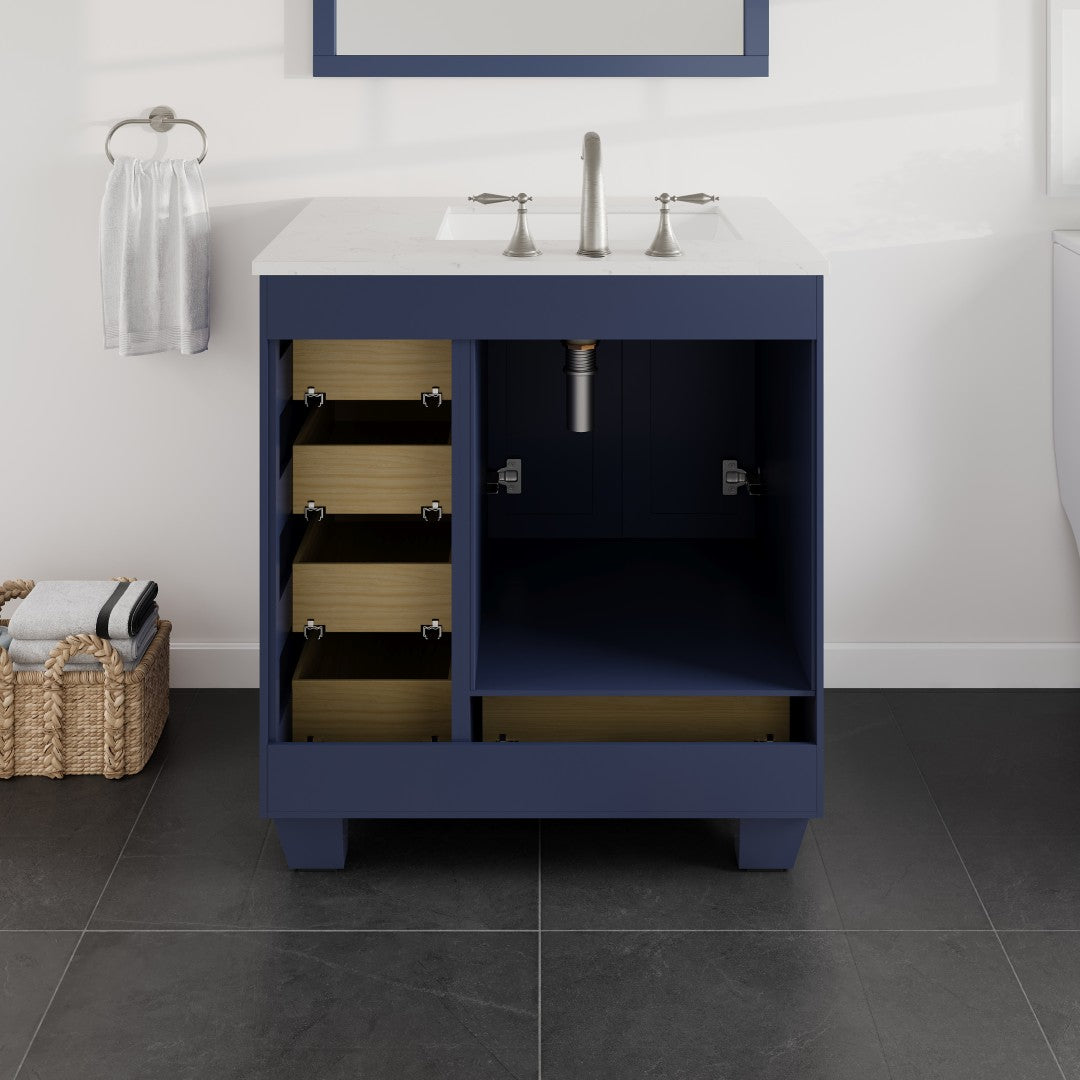Acclaim 30 in. Blue Single Sink Bath Vanity with Carrara Quartz Top and Undermount Porcelain Sink