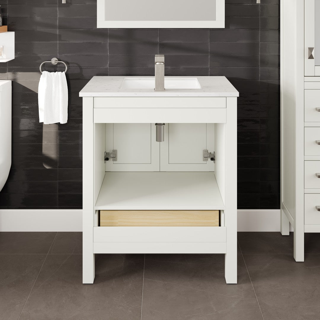 London 30 in. White Single Sink Bath Vanity with Carrara Quartz Top and Undermount Porcelain Sink