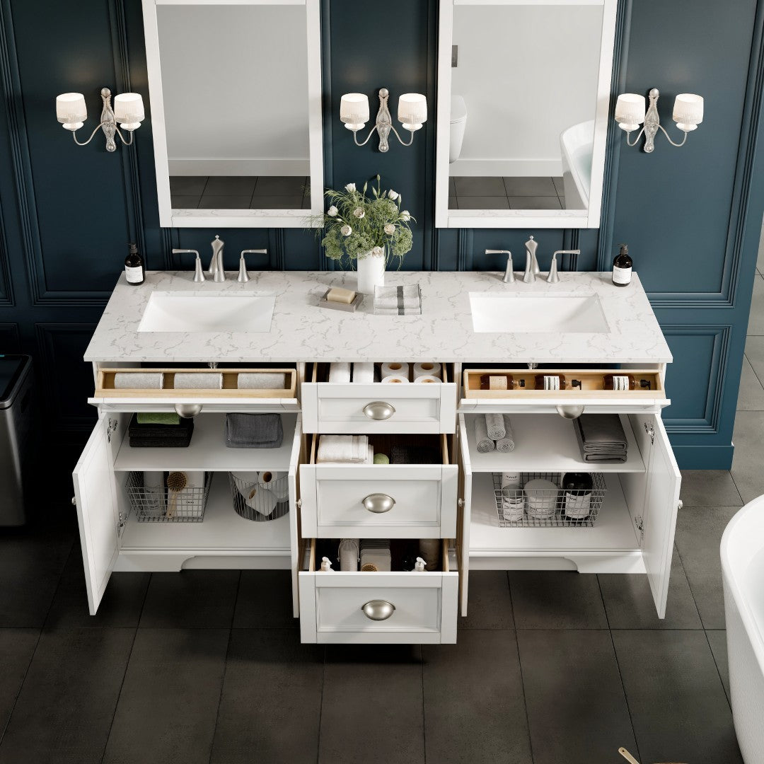 Epic 72 in. White Double Sink  Bath Vanity with Carrara Quartz Top and Undermount Porcelain Sinks