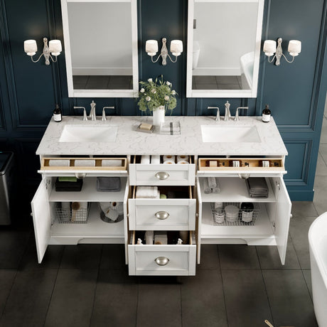 Epic 72 in. White Double Sink  Bath Vanity with Carrara Quartz Top and Undermount Porcelain Sinks