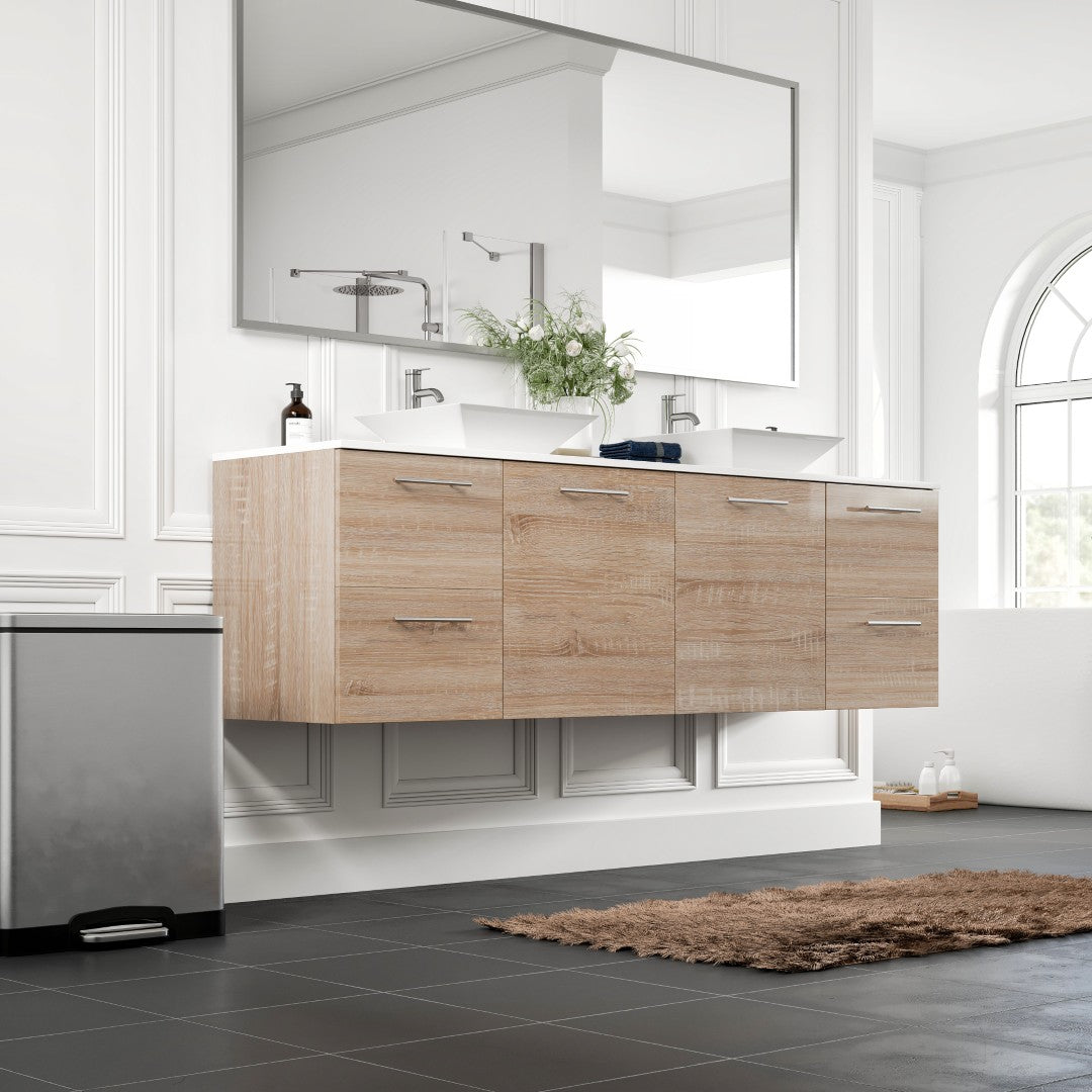 Luxy 72 in. White Oak Wall Mount Double Sink  Bath Vanity with White Quartz Top and Vessel Porcelain Sinks