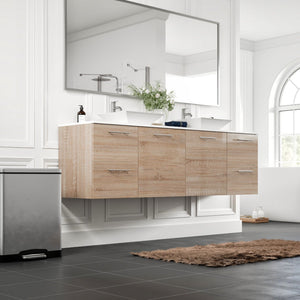 Luxy 72 in. White Oak Wall Mount Double Sink  Bath Vanity with White Quartz Top and Vessel Porcelain Sinks