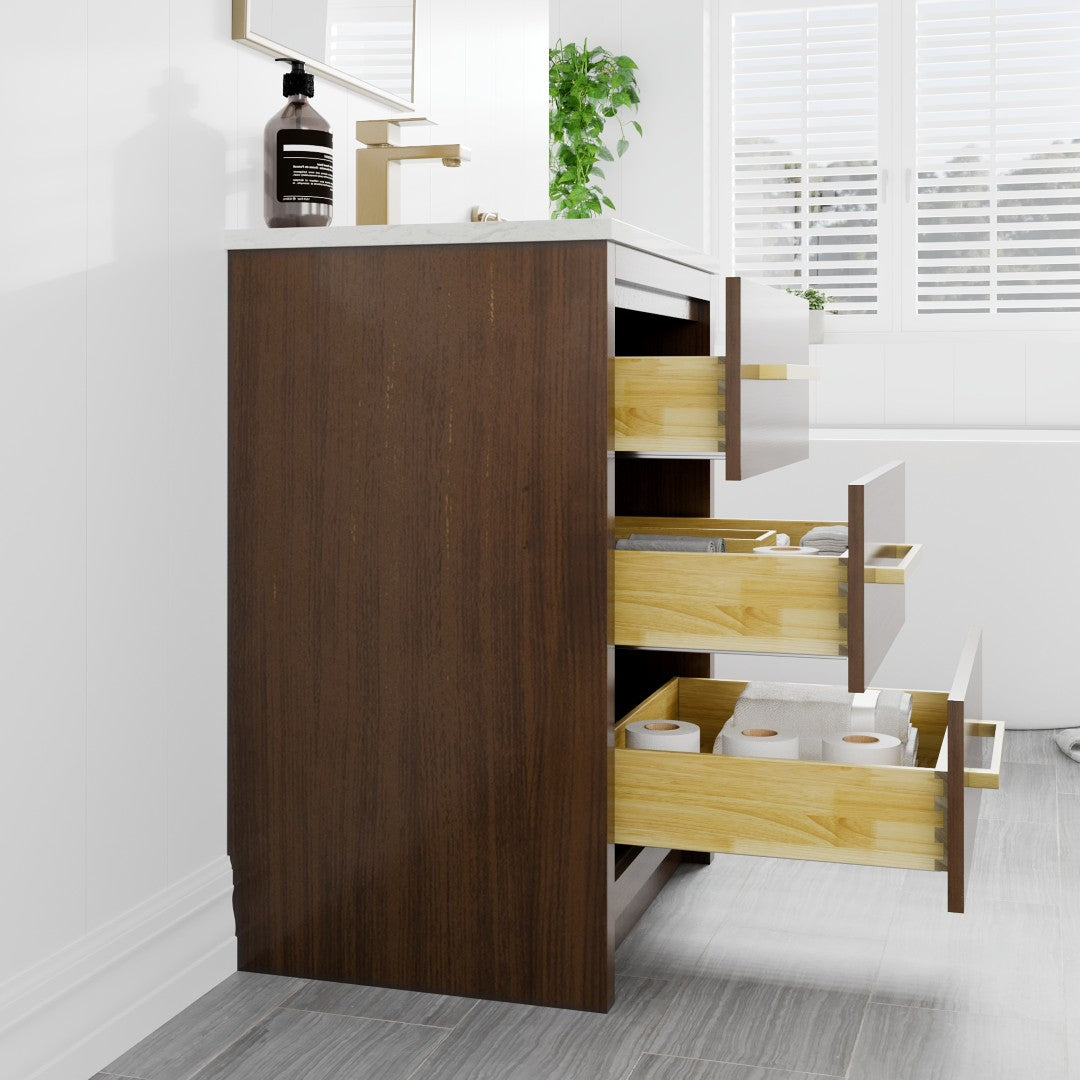 Curio 24 in. Walnut Single Sink Bath Vanity with Carrara Quartz Top and Undermount Porcelain Sink
