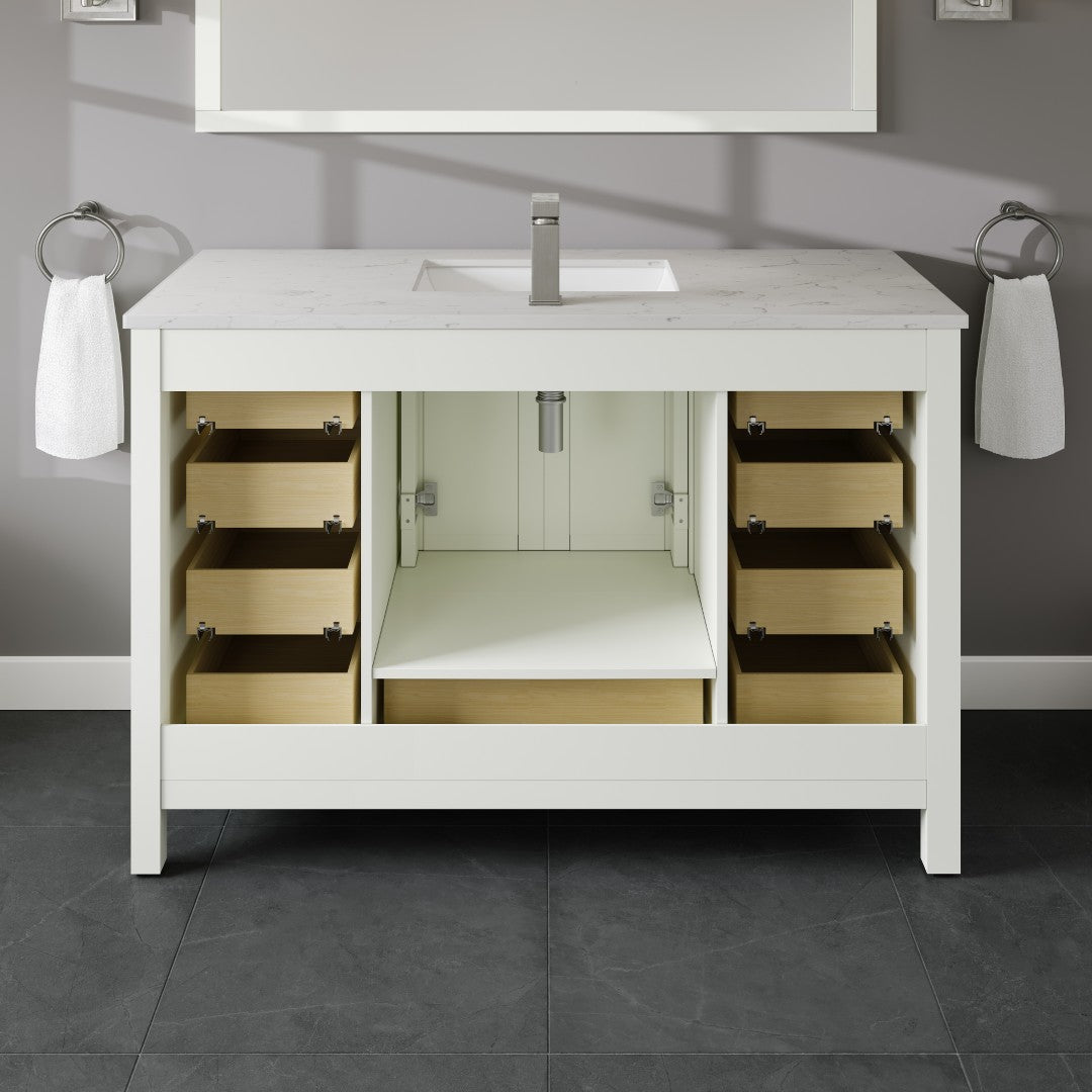 London 48 in. White Single Sink Bath Vanity with Carrara Quartz Top and Undermount Porcelain Sink