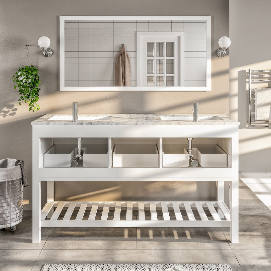 Natalie 60 in. White Double Sink  Bath Vanity with Carrara Marble Top and Undermount Porcelain Sinks