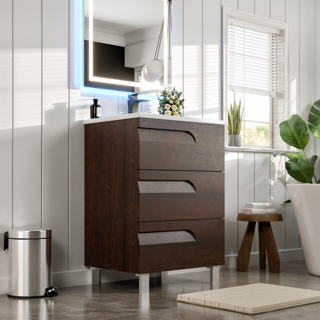 Joy 24 in. Rosewood Single Sink Bath Vanity with Porcelain Top and Integrated Sink