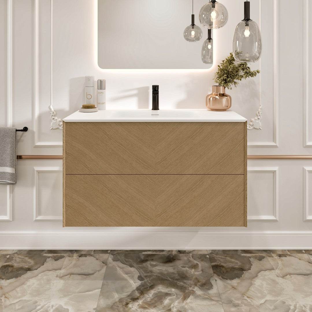 Lotus 30 in. Natural Oak Wall Mount Single Sink Bath Vanity with Solid Surface Top and Integrated Sink