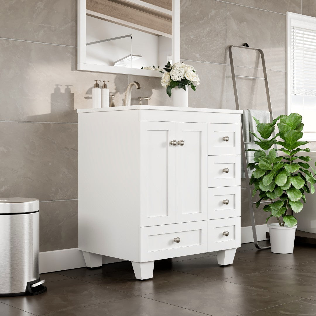 Acclaim 28 in. White Single Sink Bath Vanity with Carrara Quartz Top and Undermount Porcelain Sink
