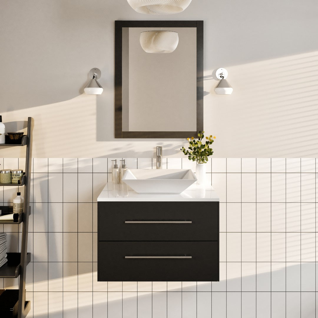 Wave 24 in. Espresso Wall Mount Single Sink Bath Vanity with White Quartz Top and Vessel Porcelain Sink