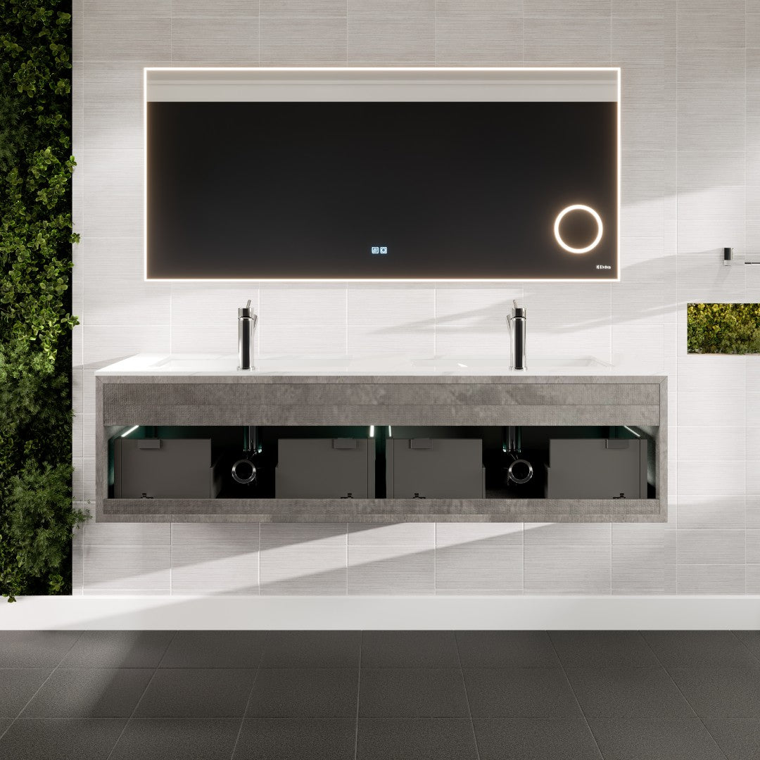 Aurora 60 in. Concrete Gray Wall Mount Double Sink  Bath Vanity with Carrara Quartz Top and Undermount Porcelain Sinks