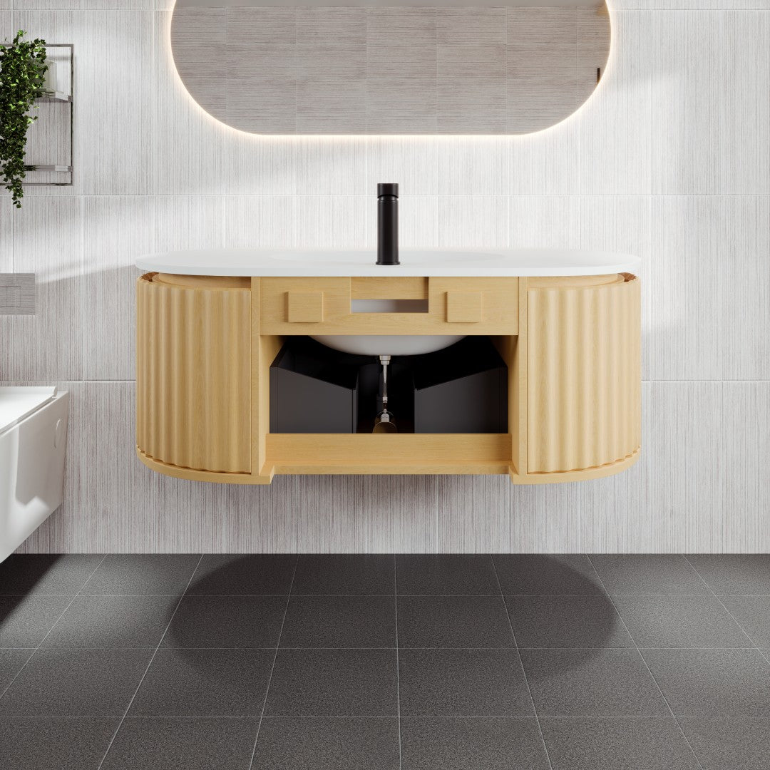 Haven 39 in. Natural Oak Wall Mount Single Sink Bath Vanity with Solid Surface Top and Integrated Sink