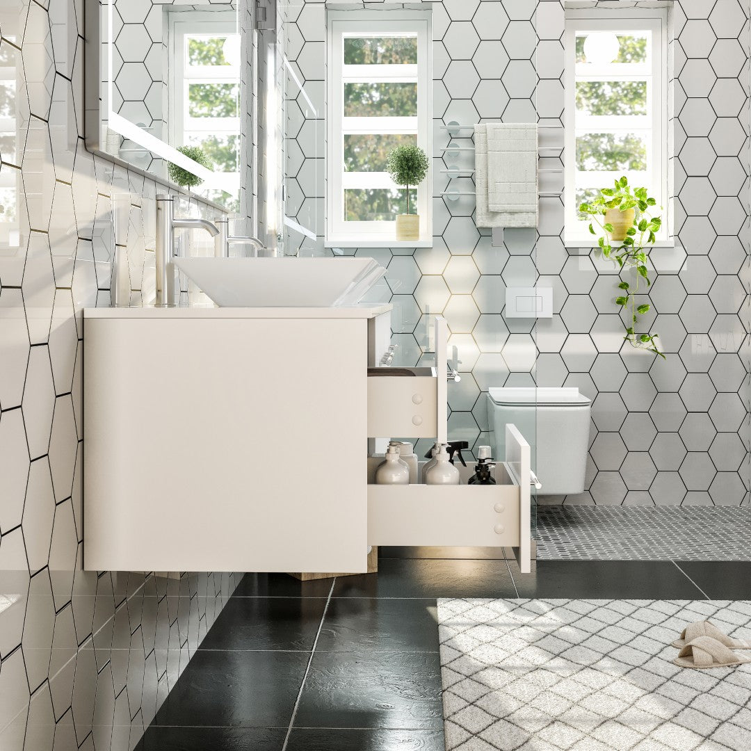 Wave 60 in. White Wall Mount Double Sink  Bath Vanity with White Quartz Top and Vessel Porcelain Sinks