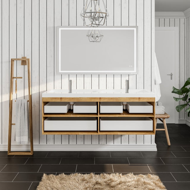 Surf 57 in. Natural Oak Wall Mount Double Sink  Bath Vanity with Acrylic Top and Integrated Sinks