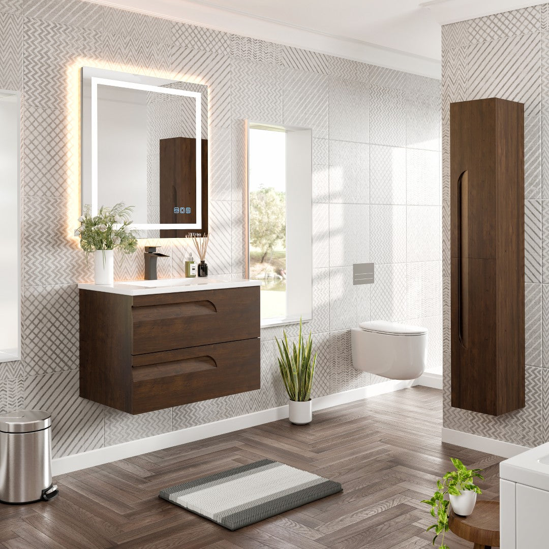 Joy 32 in. Rosewood Wall Mount Single Sink Bath Vanity with Porcelain Top and Integrated Sink