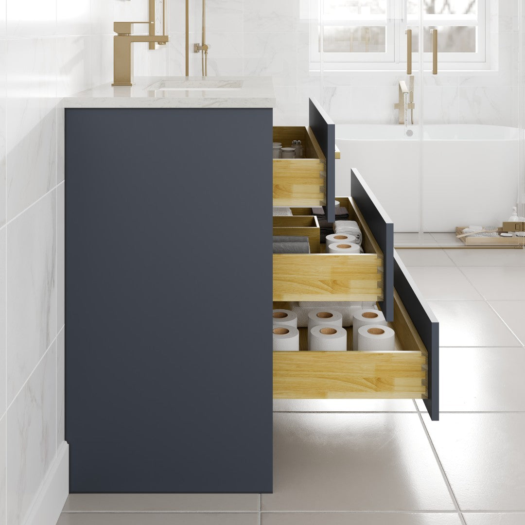 Curio 30 in. Dark Blue Single Sink Bath Vanity with Carrara Quartz Top and Undermount Porcelain Sink