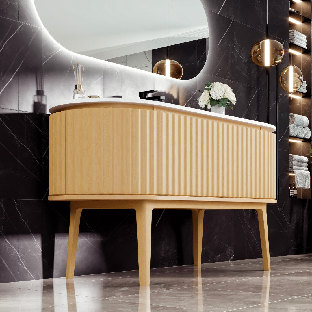 Haven 55 in. Natural Oak Single Sink Bath Vanity with Solid Surface Top and Integrated Sink