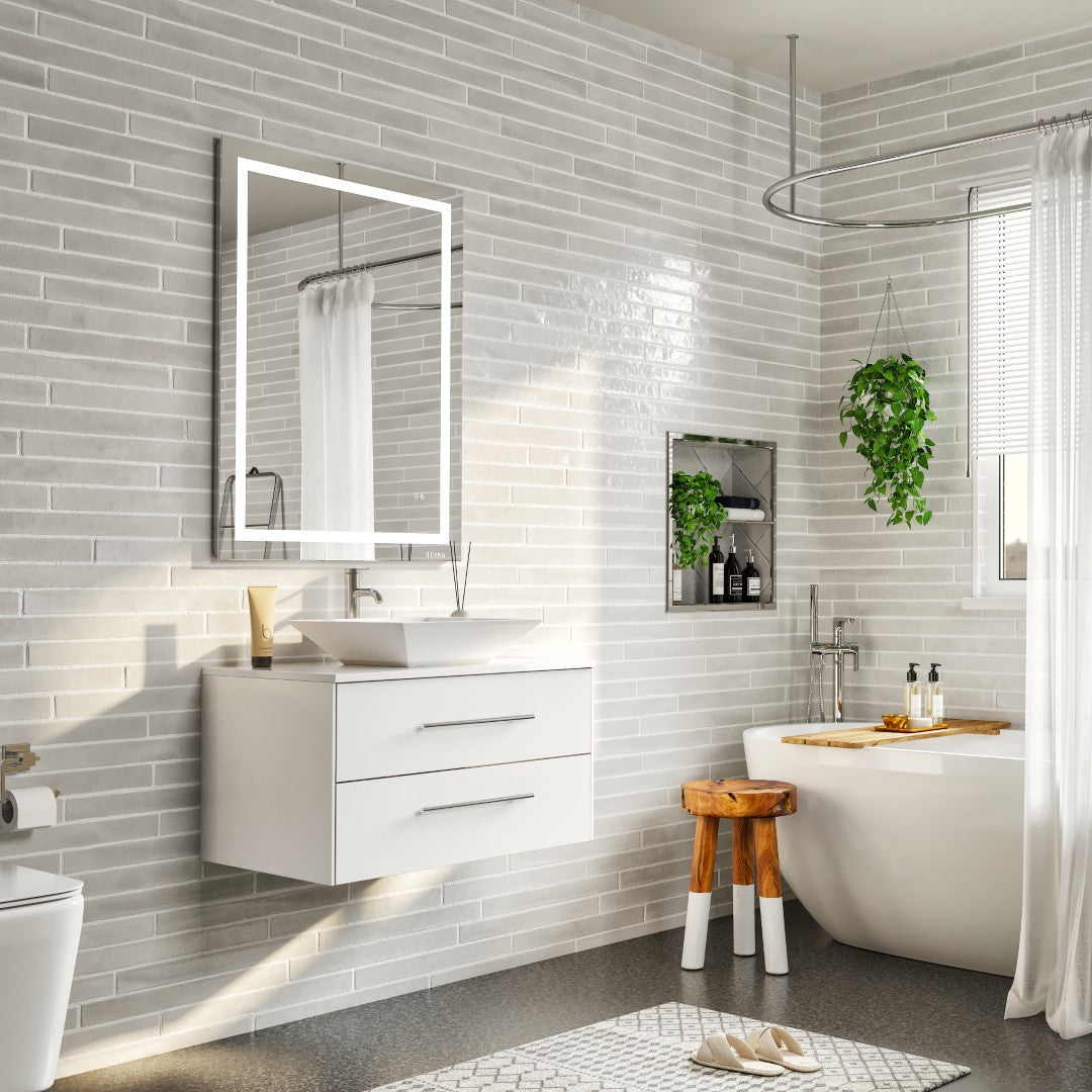 Wave 30 in. White Wall Mount Single Sink Bath Vanity with White Quartz Top and Vessel Porcelain Sink