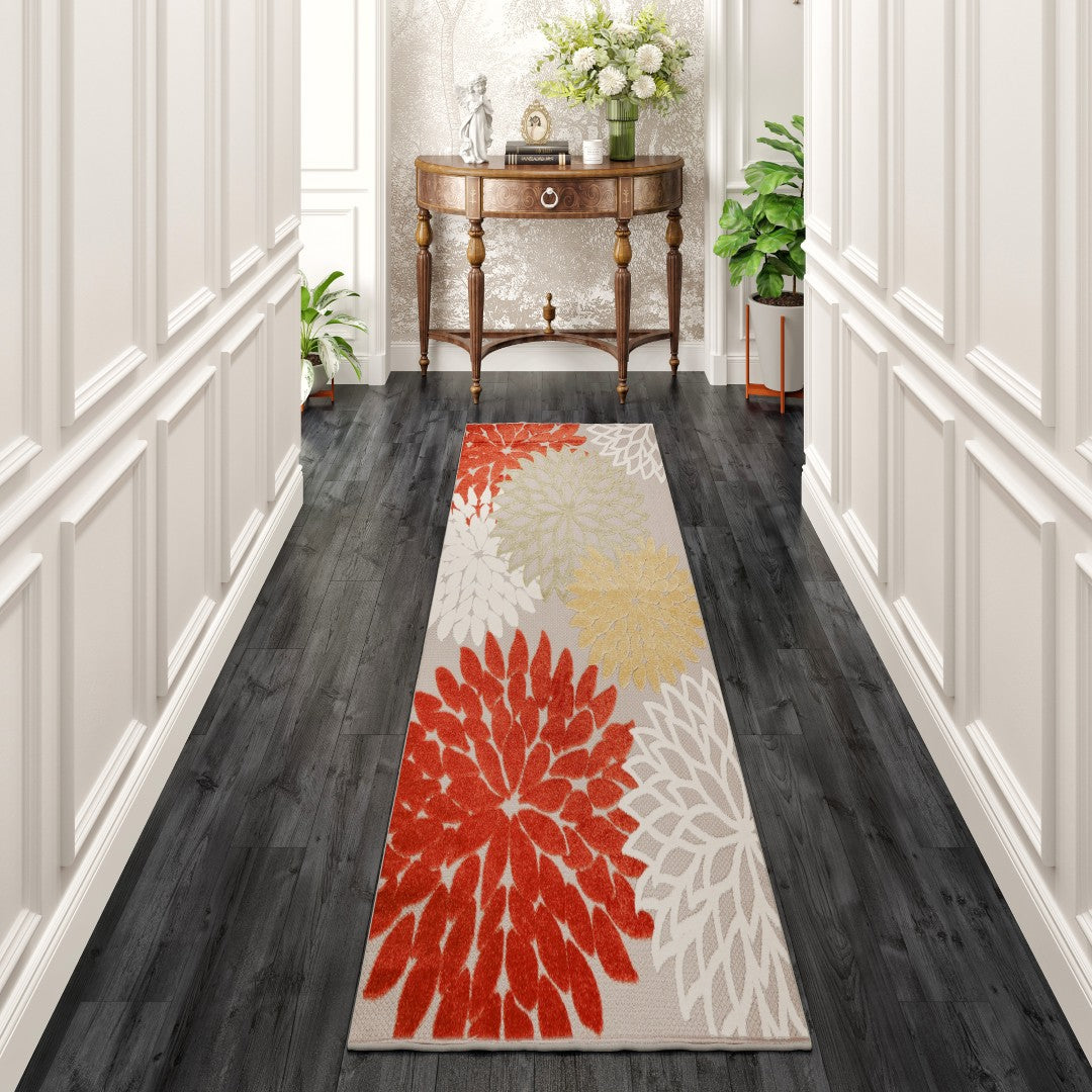 Eviva Nature 2' x 8' Floral Orange/Cream Rug