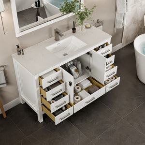 London 54 in. White Single Sink Bath Vanity with Carrara Quartz Top and Undermount Porcelain Sink