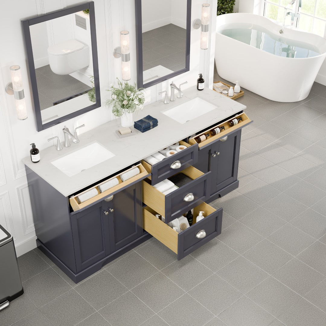 Epic 72 in. Charcoal Gray Double Sink  Bath Vanity with Carrara Quartz Top and Undermount Porcelain Sinks