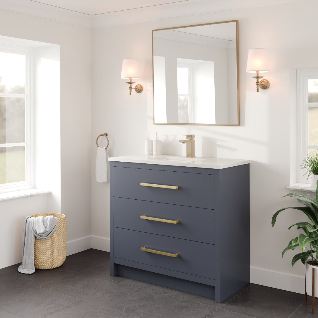 Curio 36 in. Dark Blue Single Sink Bath Vanity with Carrara Quartz Top and Undermount Porcelain Sink